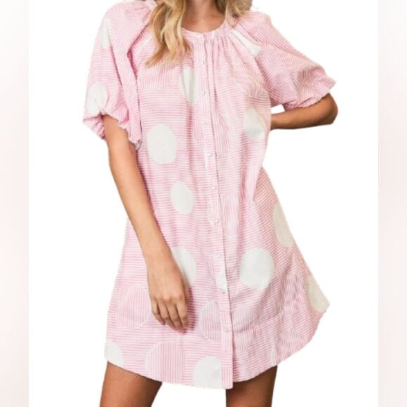 Umgee USA Umgee Stripe and Dot Print Button Down Puff Sleeve Mini Dress Lg - Picture 3 of 9